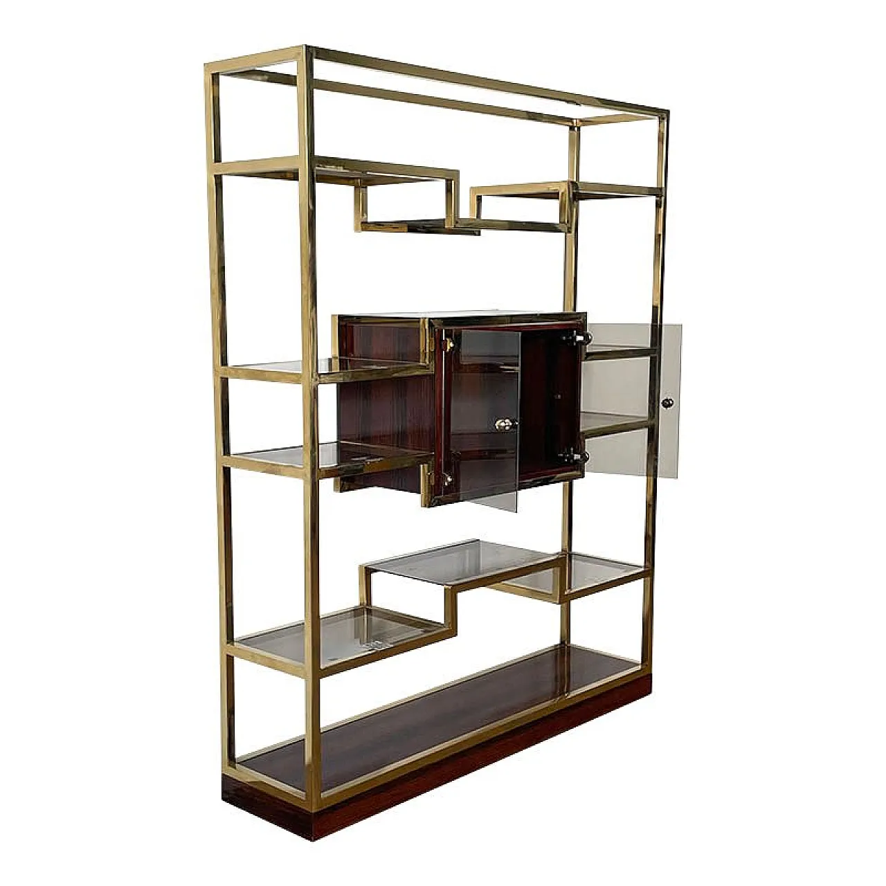 Bookcase with showcase in golden brass and Makassar, 1990s 6