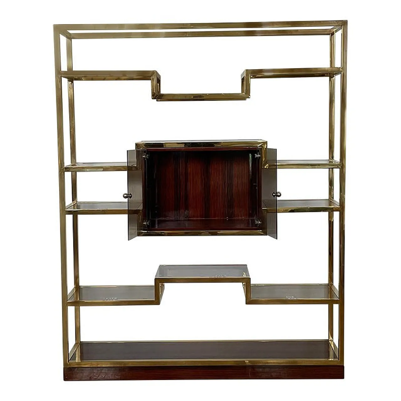 Bookcase with showcase in golden brass and Makassar, 1990s 7