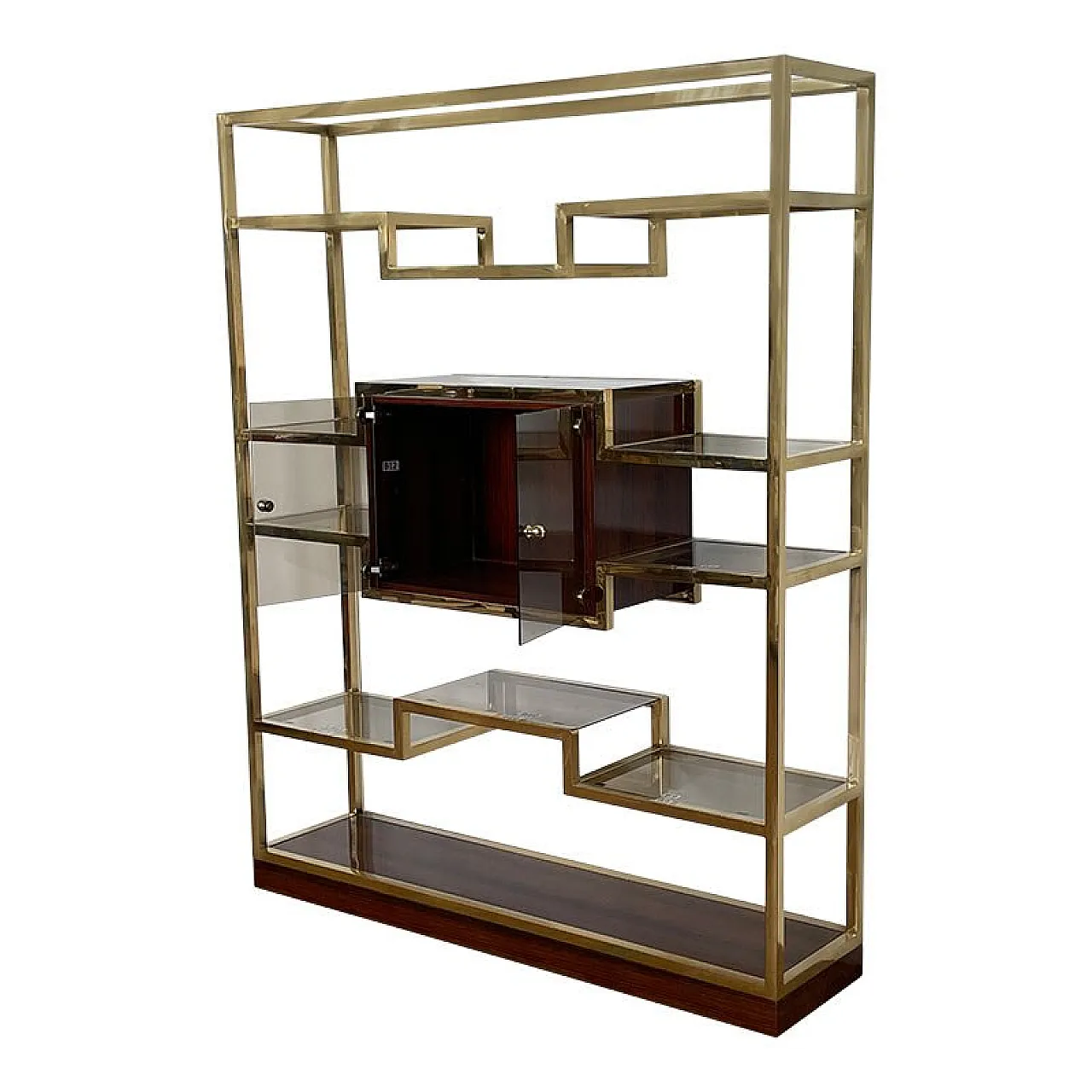 Bookcase with showcase in golden brass and Makassar, 1990s 8