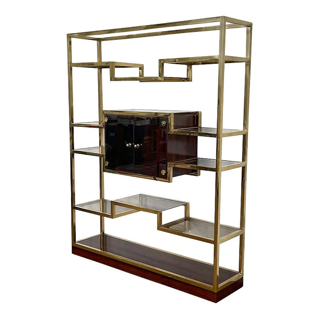 Bookcase with showcase in golden brass and Makassar, 1990s 9
