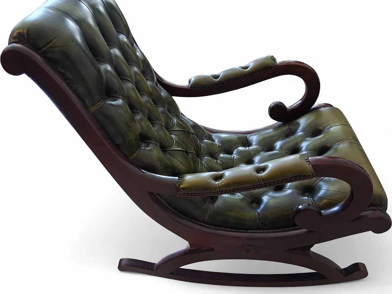 Sedia a dondolo Chesterfield in pelle e legno navale, anni '90 13