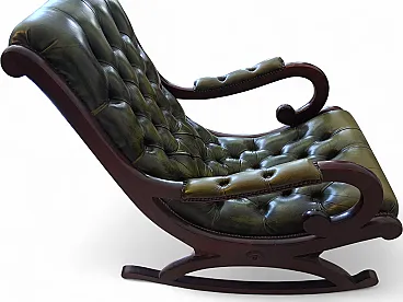 Sedia a dondolo Chesterfield in pelle e legno navale, anni '90