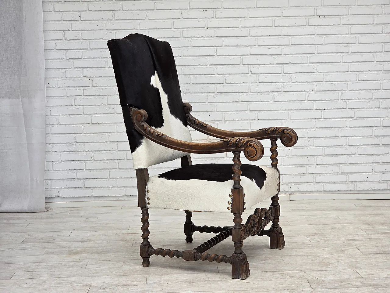 1950s, Danish highback armchair, genuine cowhide, oak wood. 1