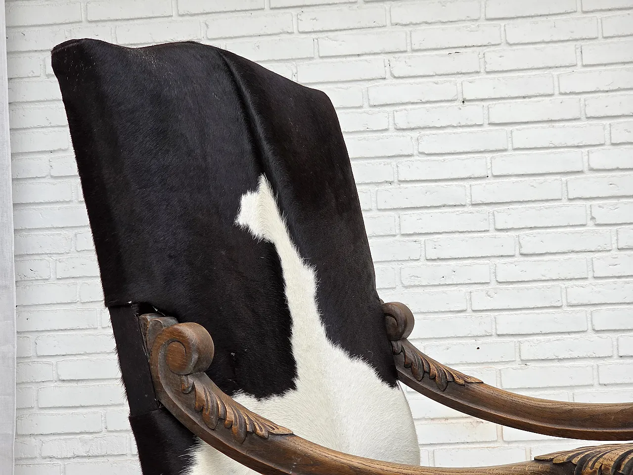 1950s, Danish highback armchair, genuine cowhide, oak wood. 3