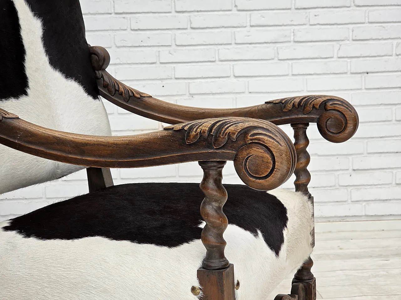 1950s, Danish highback armchair, genuine cowhide, oak wood. 4