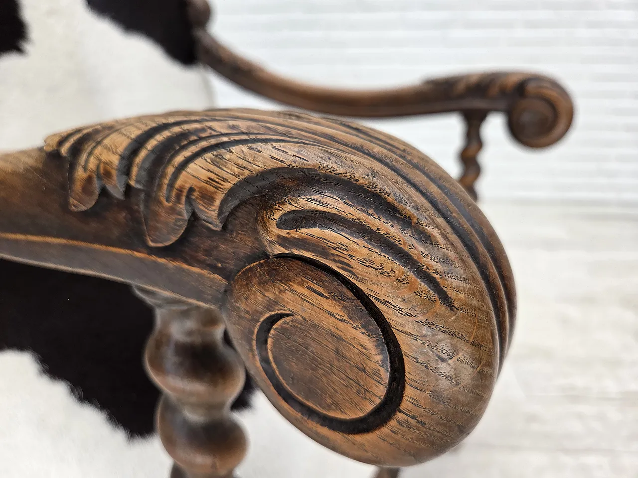 1950s, Danish highback armchair, genuine cowhide, oak wood. 6