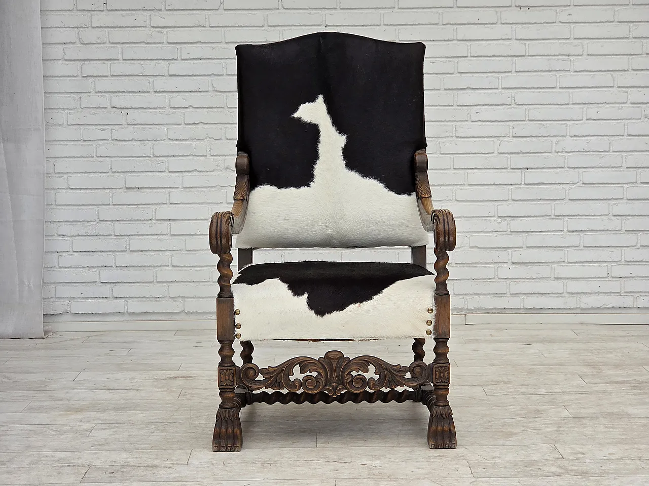 1950s, Danish highback armchair, genuine cowhide, oak wood. 7