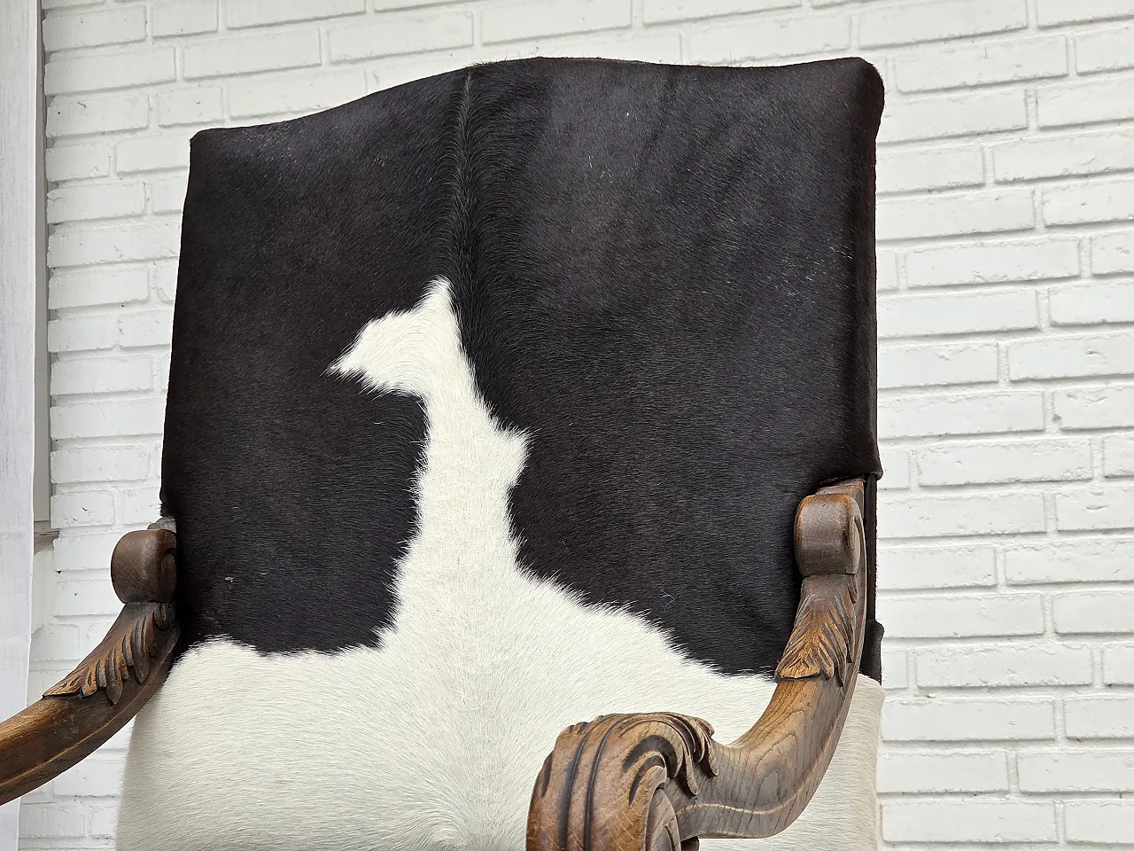 1950s, Danish highback armchair, genuine cowhide, oak wood. 8