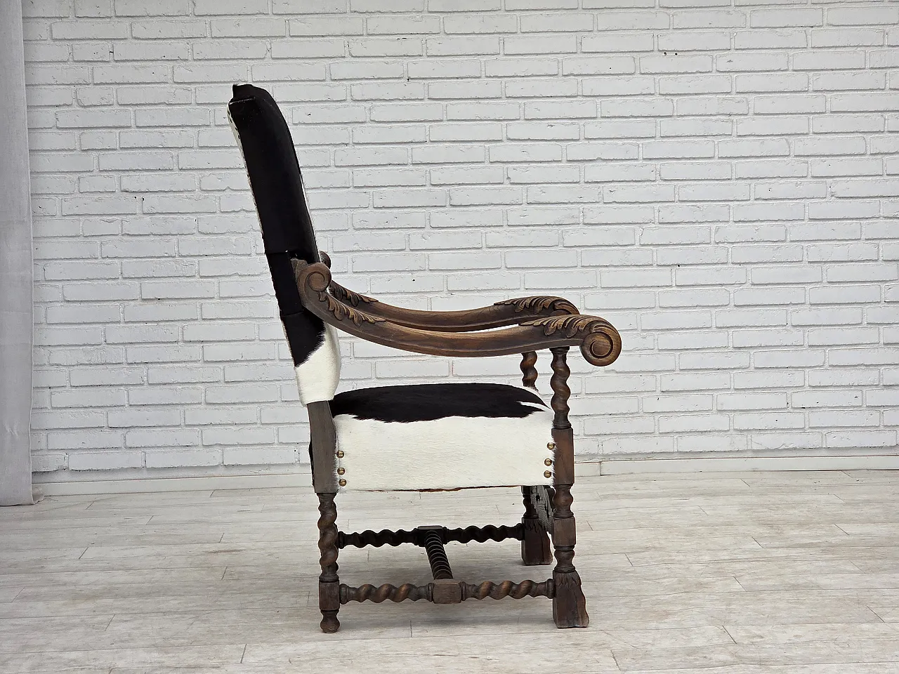 1950s, Danish highback armchair, genuine cowhide, oak wood. 9