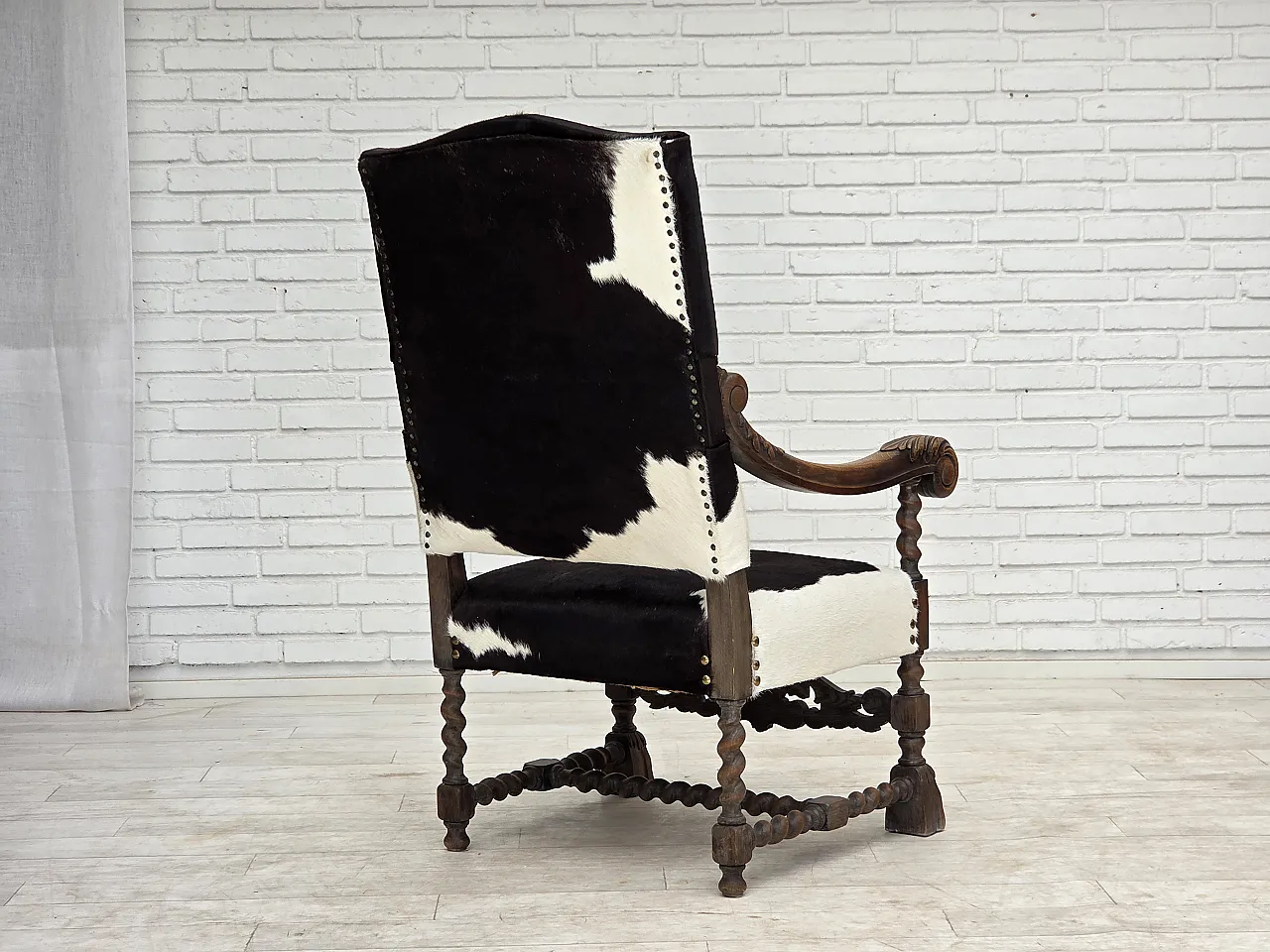 1950s, Danish highback armchair, genuine cowhide, oak wood. 10