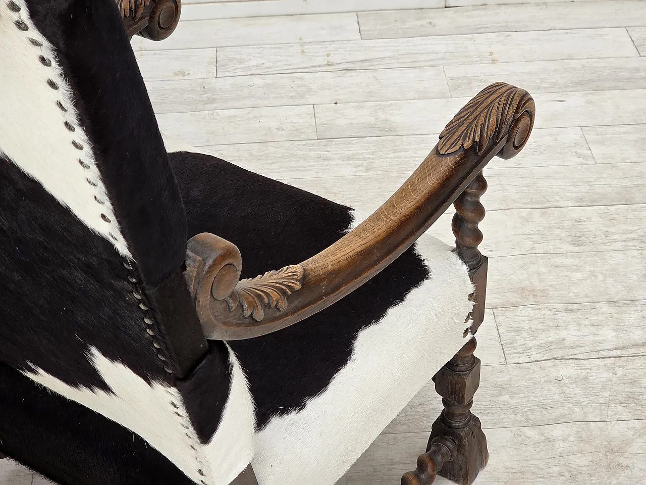 1950s, Danish highback armchair, genuine cowhide, oak wood. 11