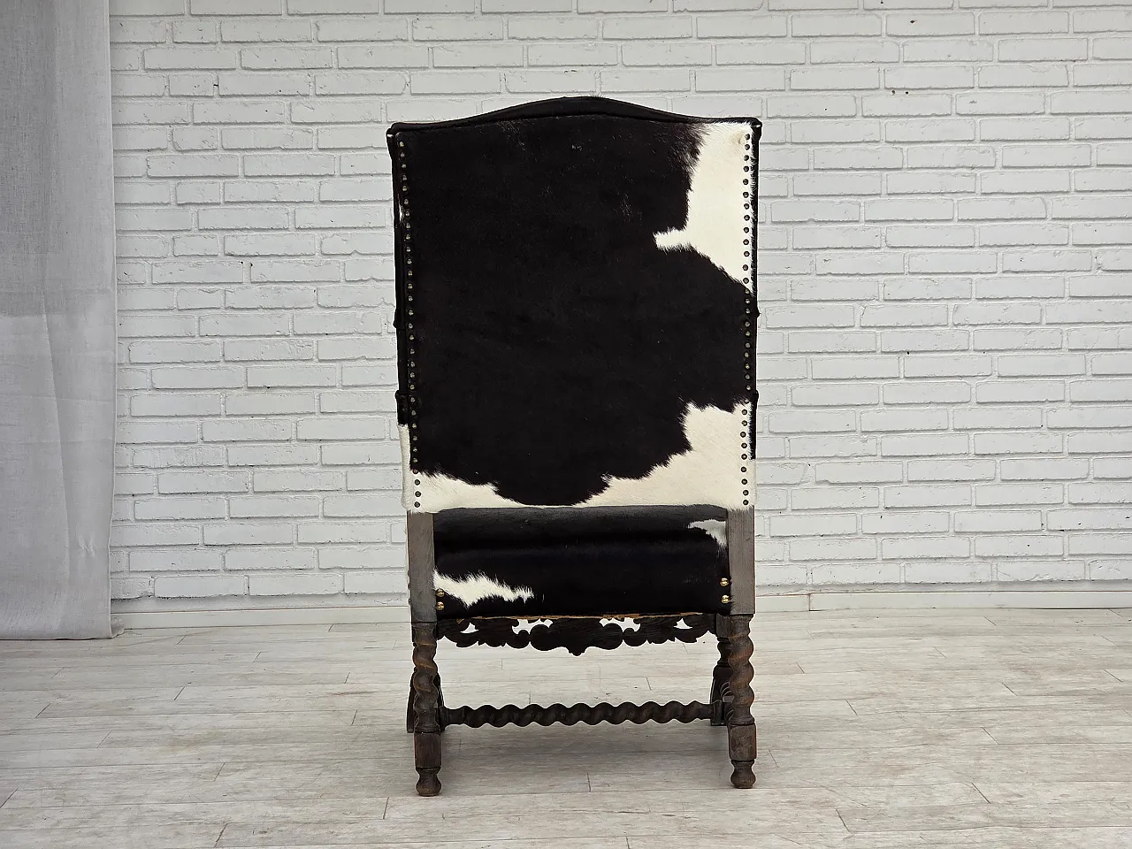 1950s, Danish highback armchair, genuine cowhide, oak wood. 12