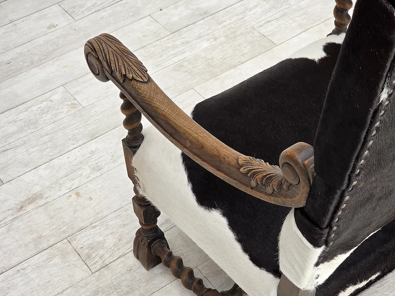 1950s, Danish highback armchair, genuine cowhide, oak wood. 13
