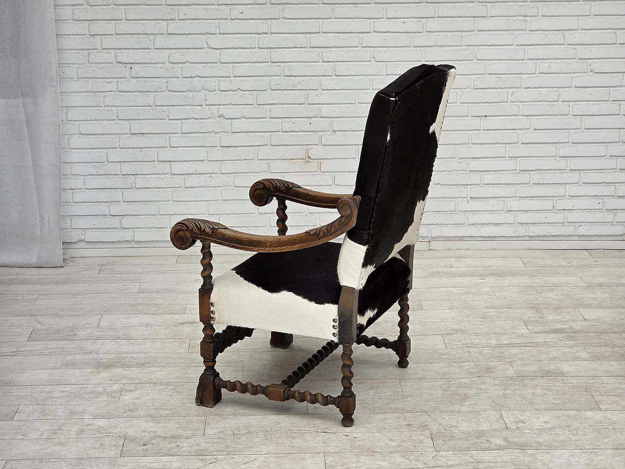 1950s, Danish highback armchair, genuine cowhide, oak wood. 14