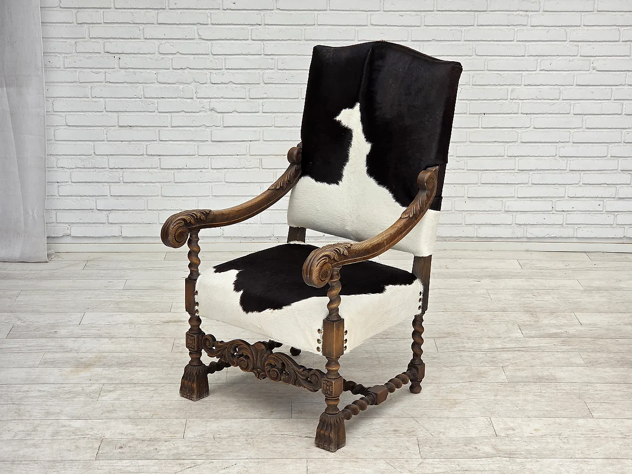 1950s, Danish highback armchair, genuine cowhide, oak wood. 15