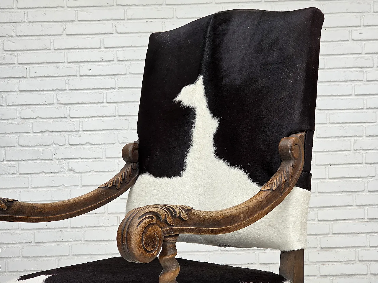 1950s, Danish highback armchair, genuine cowhide, oak wood. 16