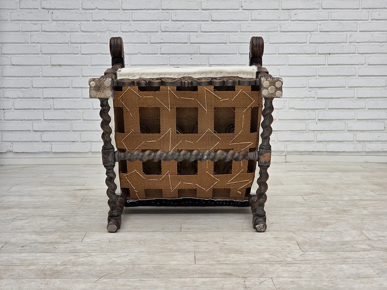 1950s, Danish highback armchair, genuine cowhide, oak wood. 18