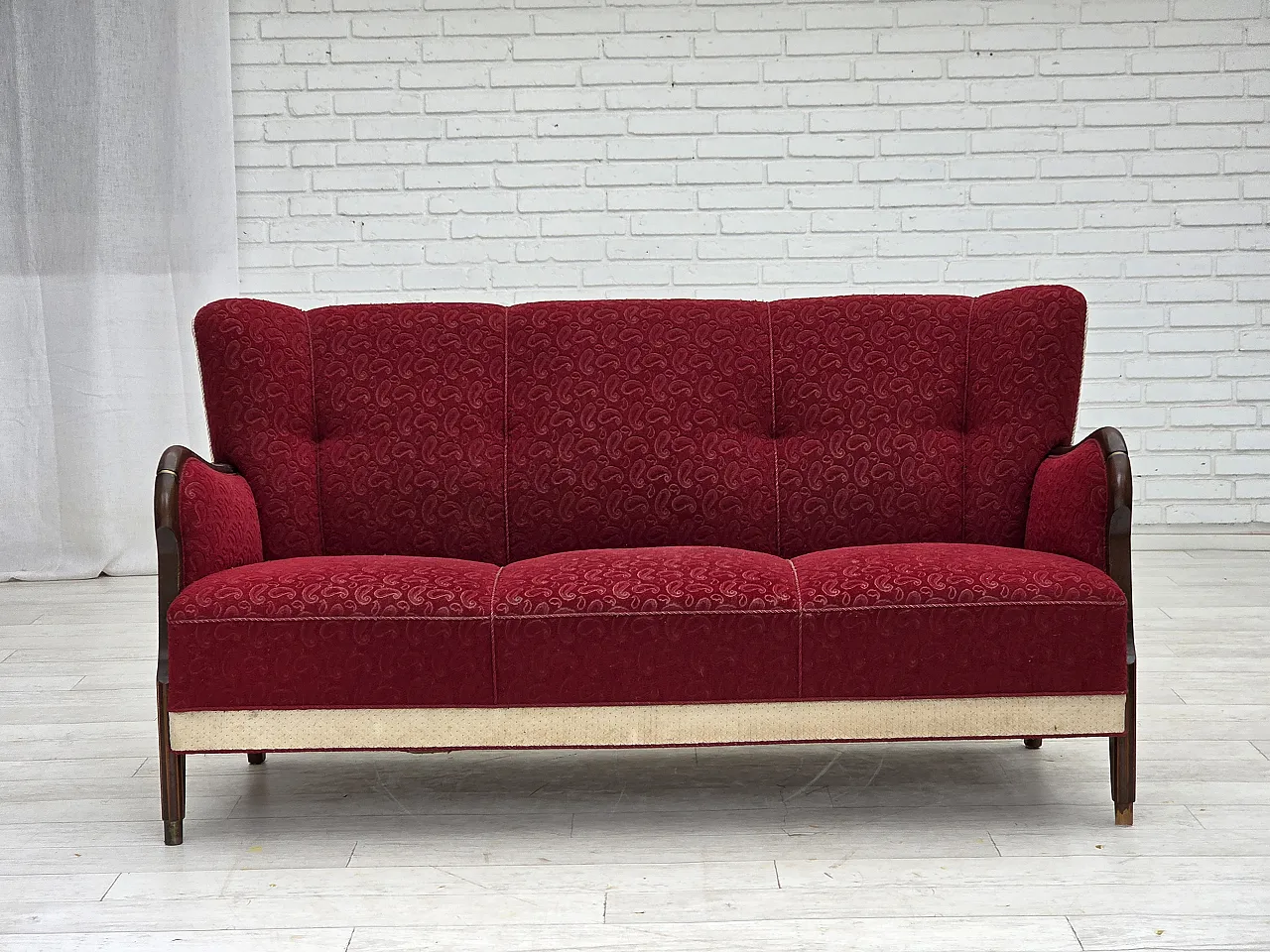 Divano danese a 3 posti anni '50, arredamento originale in lana rosso/beige. 2