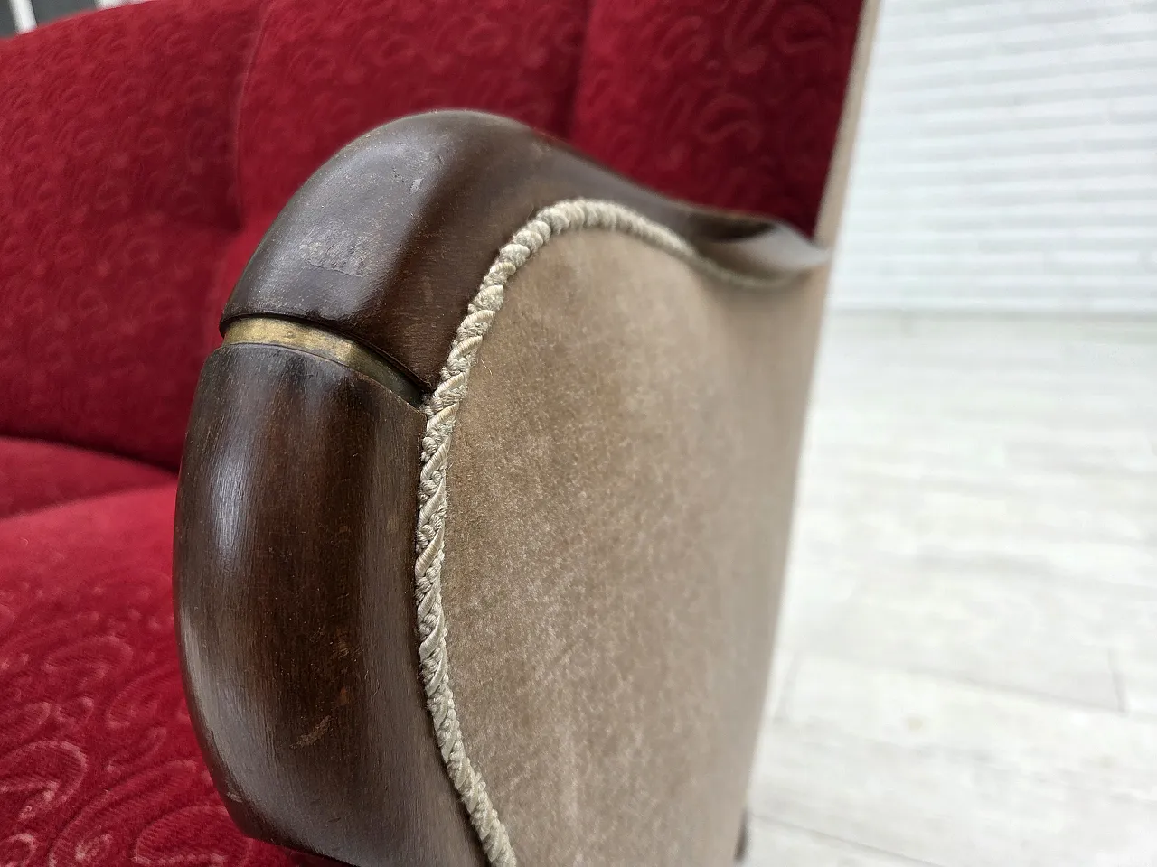 Divano danese a 3 posti anni '50, arredamento originale in lana rosso/beige. 3