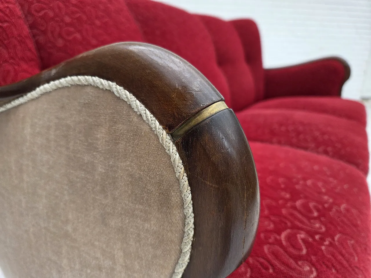 Divano danese a 3 posti anni '50, arredamento originale in lana rosso/beige. 4