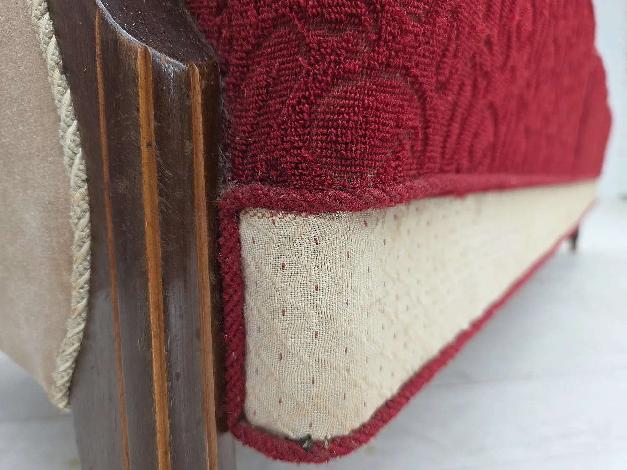 Divano danese a 3 posti anni '50, arredamento originale in lana rosso/beige. 5