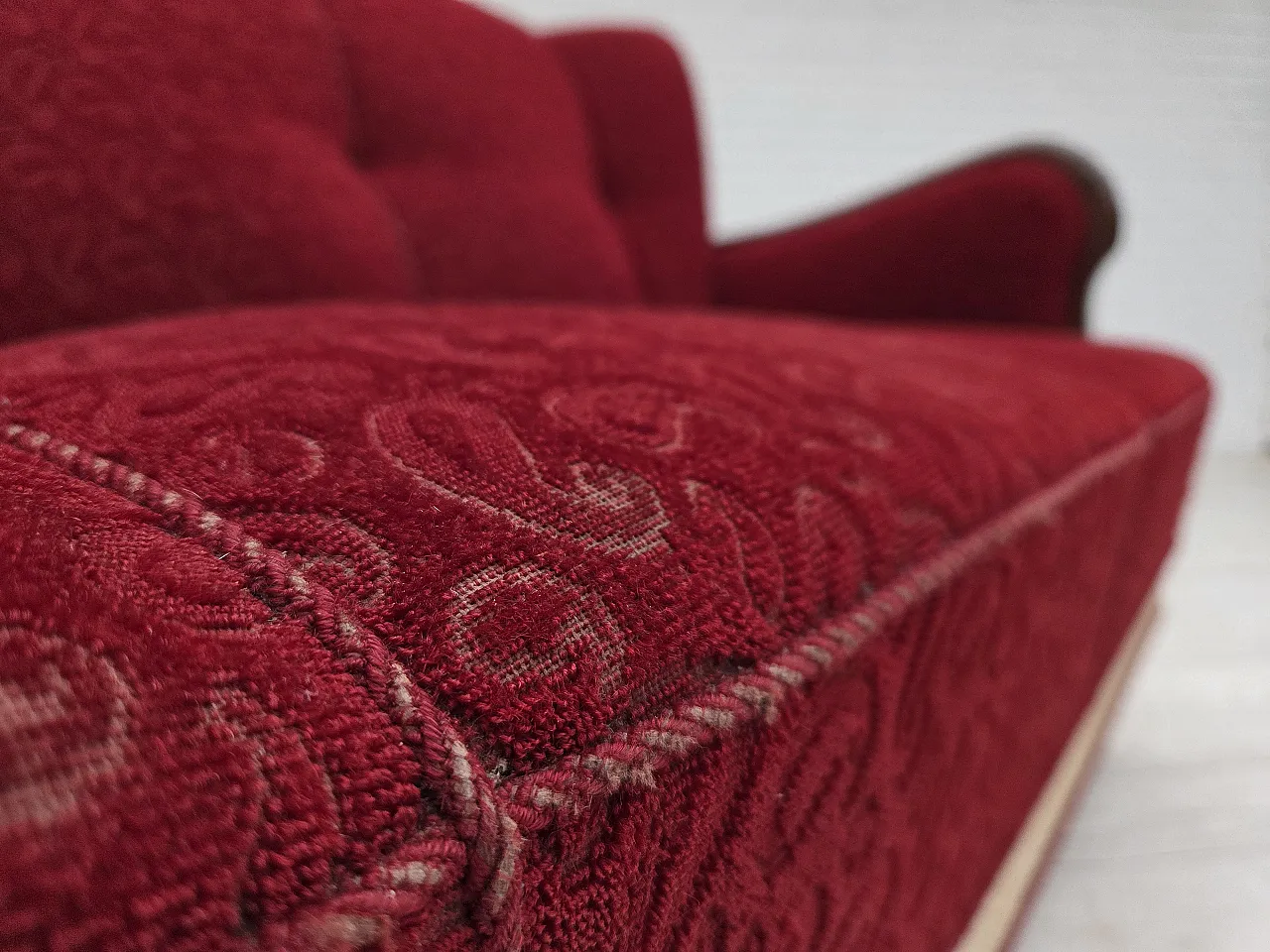 Divano danese a 3 posti anni '50, arredamento originale in lana rosso/beige. 7