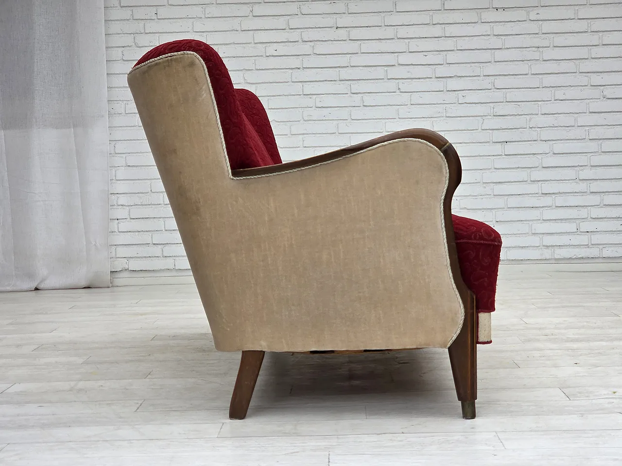 Divano danese a 3 posti anni '50, arredamento originale in lana rosso/beige. 8