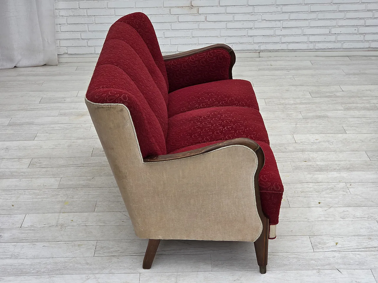 Divano danese a 3 posti anni '50, arredamento originale in lana rosso/beige. 9