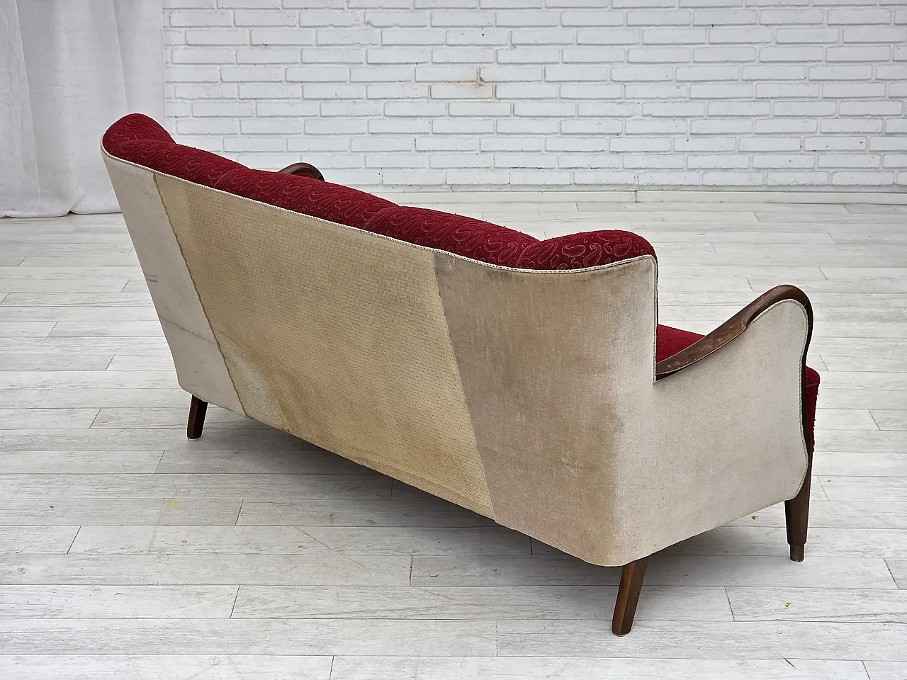 Divano danese a 3 posti anni '50, arredamento originale in lana rosso/beige. 10