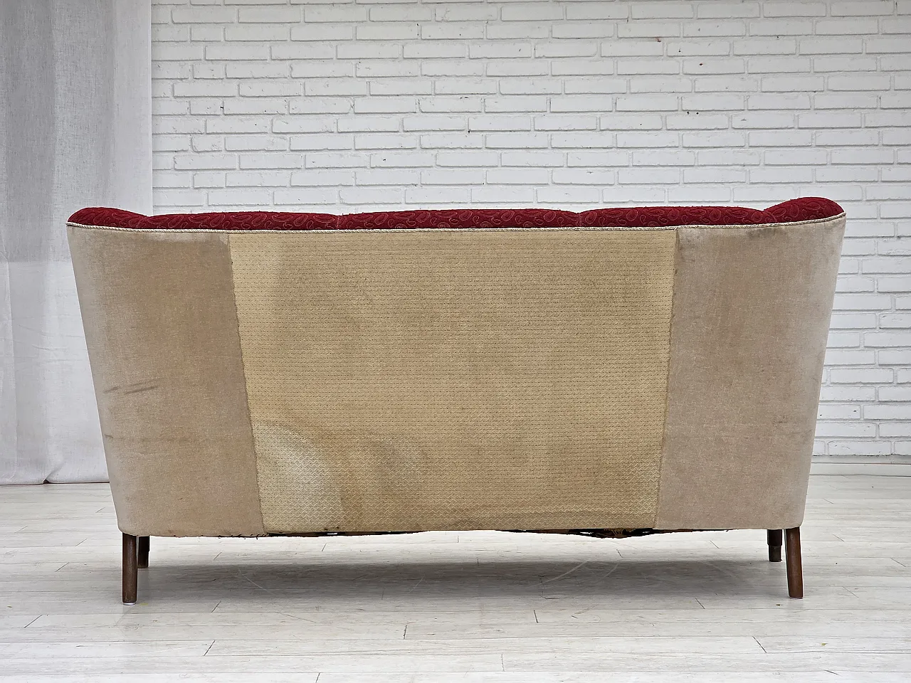 Divano danese a 3 posti anni '50, arredamento originale in lana rosso/beige. 11