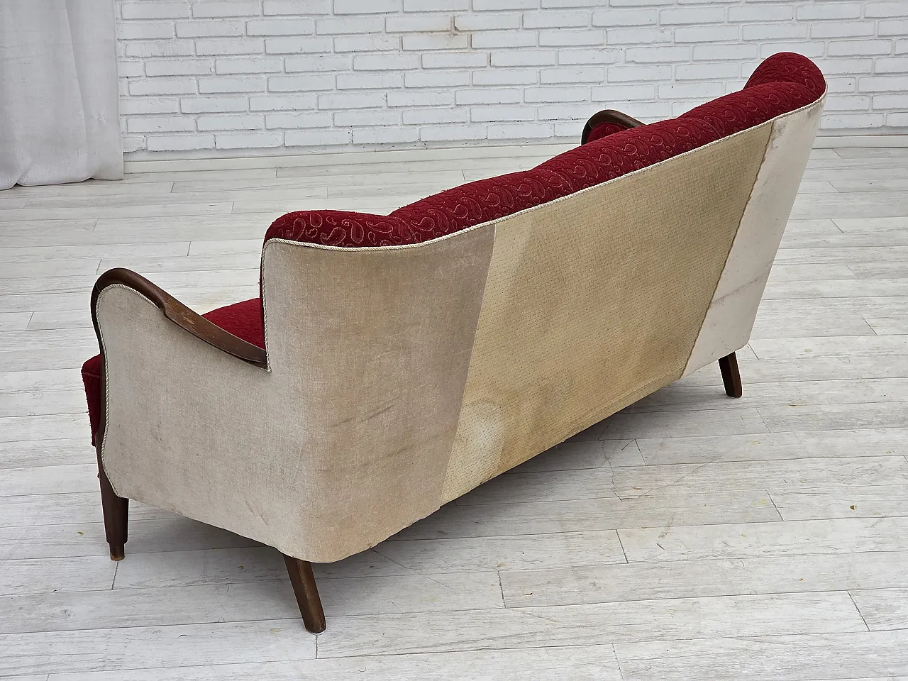 Divano danese a 3 posti anni '50, arredamento originale in lana rosso/beige. 12