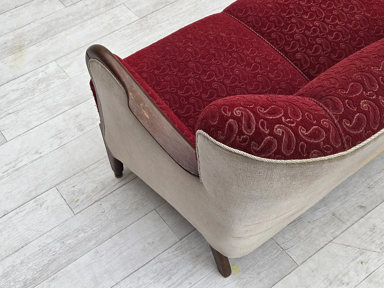Divano danese a 3 posti anni '50, arredamento originale in lana rosso/beige. 13