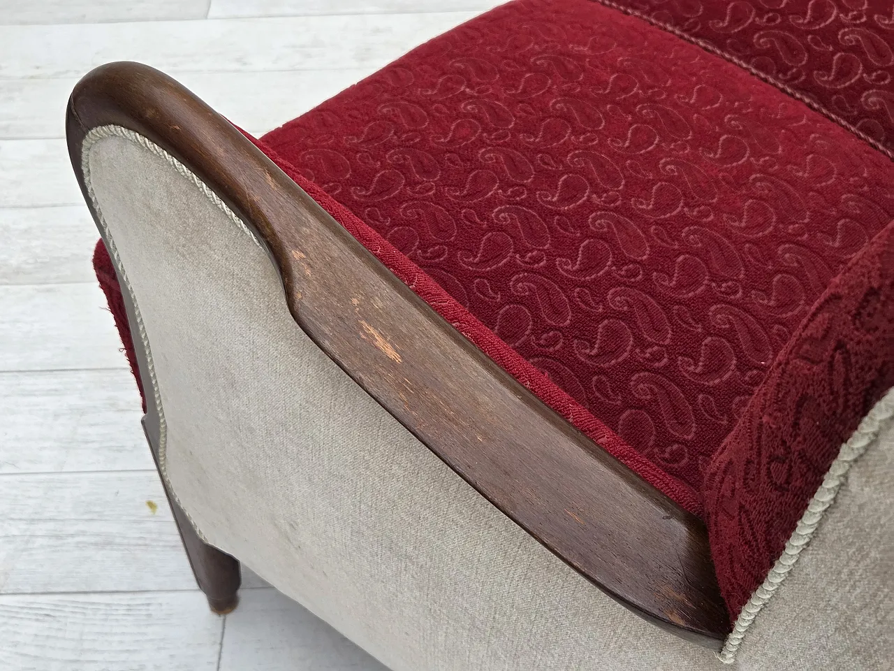Divano danese a 3 posti anni '50, arredamento originale in lana rosso/beige. 14