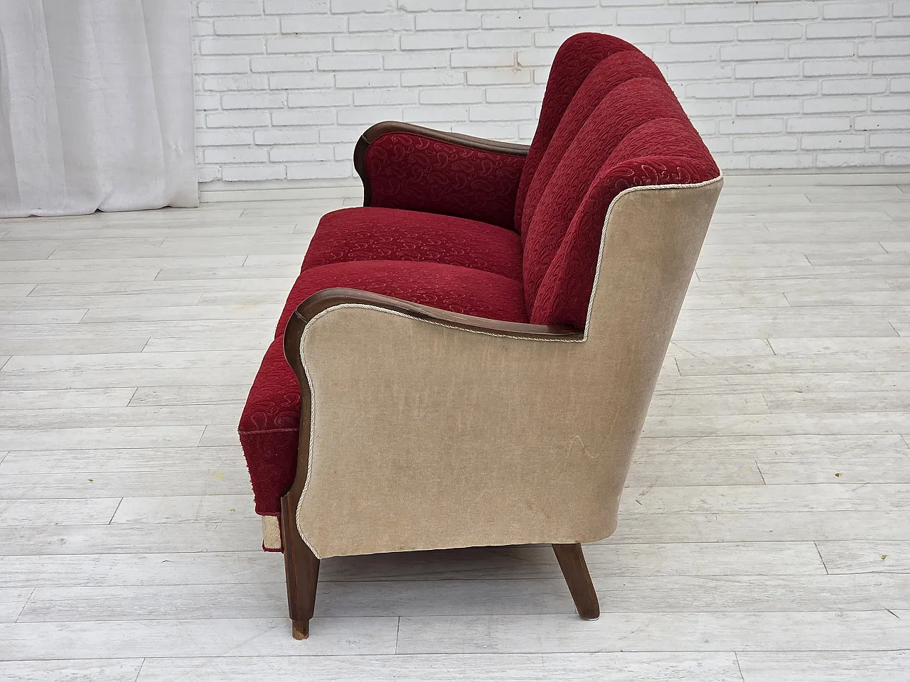 Divano danese a 3 posti anni '50, arredamento originale in lana rosso/beige. 15