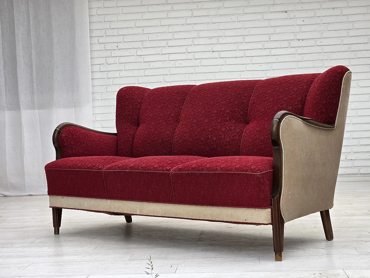 Divano danese a 3 posti anni '50, arredamento originale in lana rosso/beige. 16