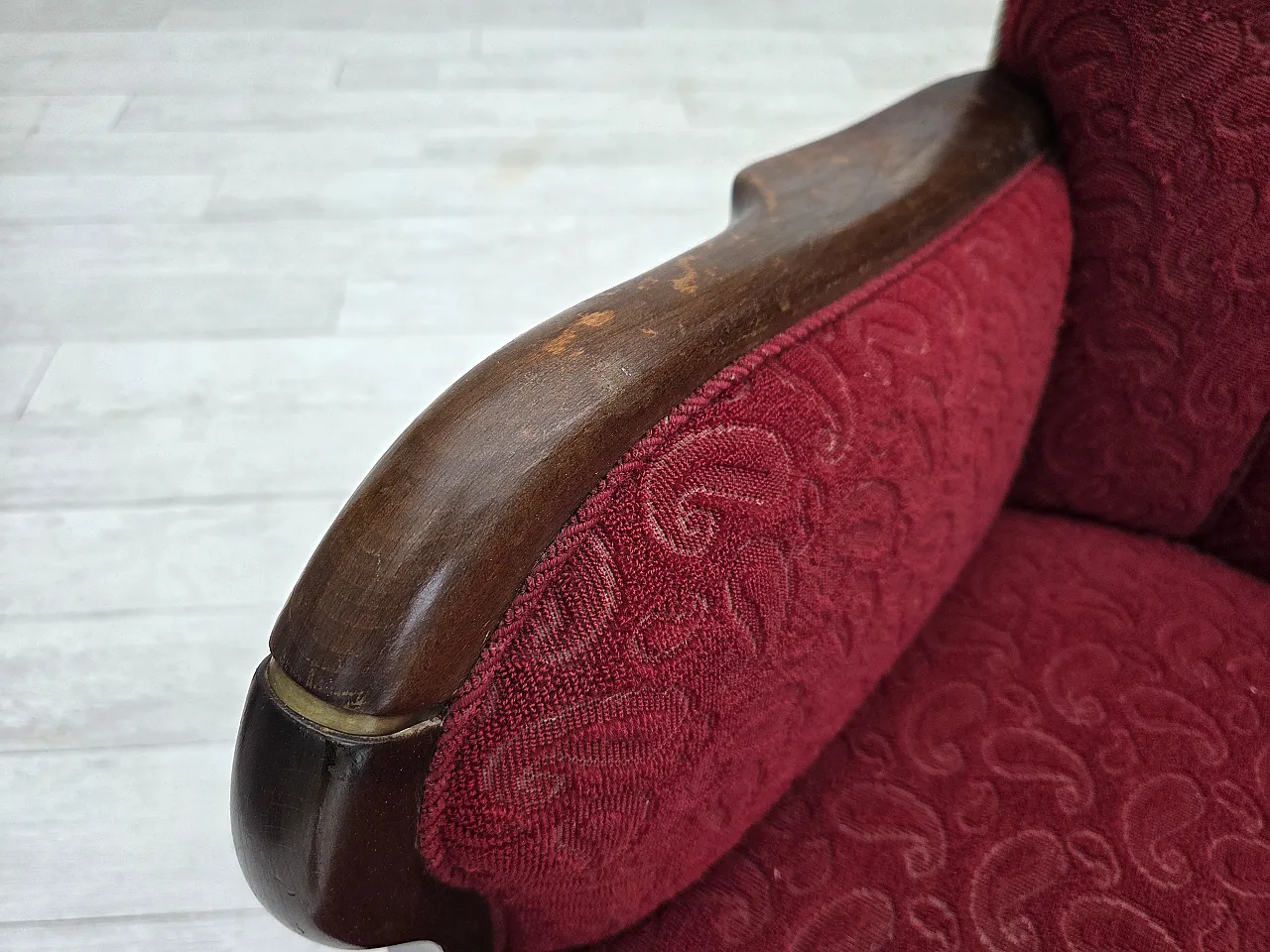 Divano danese a 3 posti anni '50, arredamento originale in lana rosso/beige. 19
