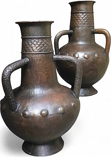 Pair of large sculptural copper amphorae, anni '20