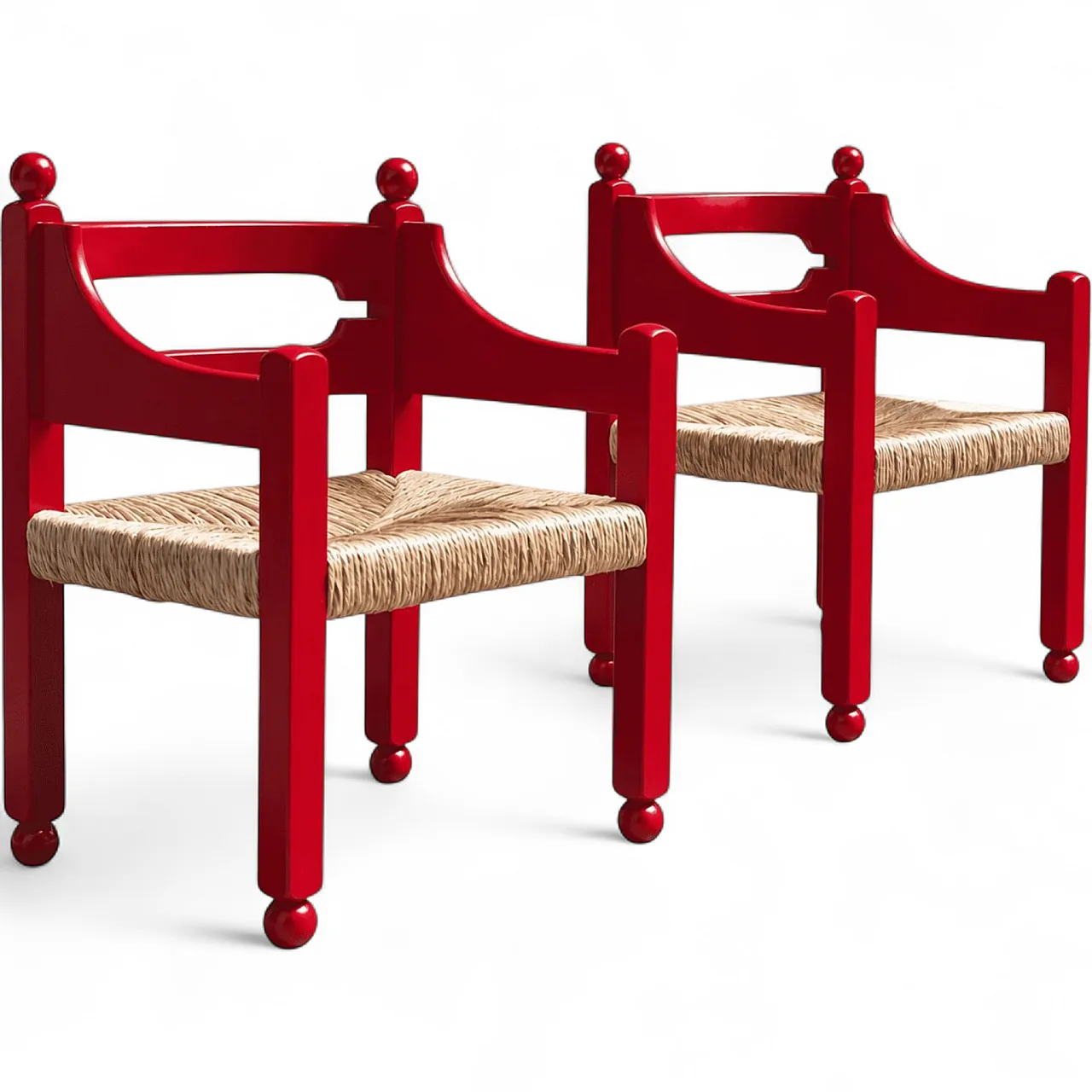 Coppia di poltrone  in legno rosso e paglia, anni ’60 11