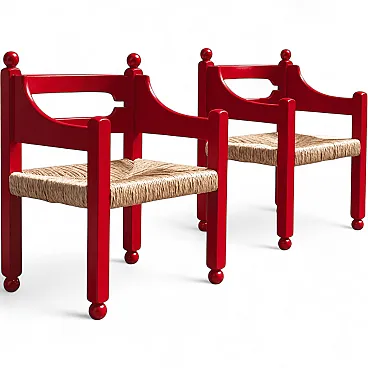 Coppia di poltrone  in legno rosso e paglia, anni ’60