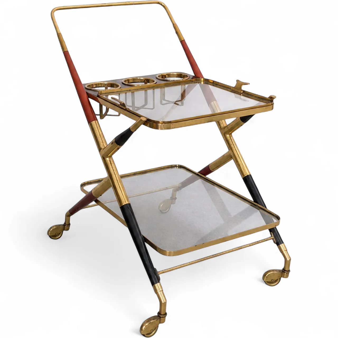 Italian bar trolley in brass, glass and wood by Cesare Lacca, 1950s 10