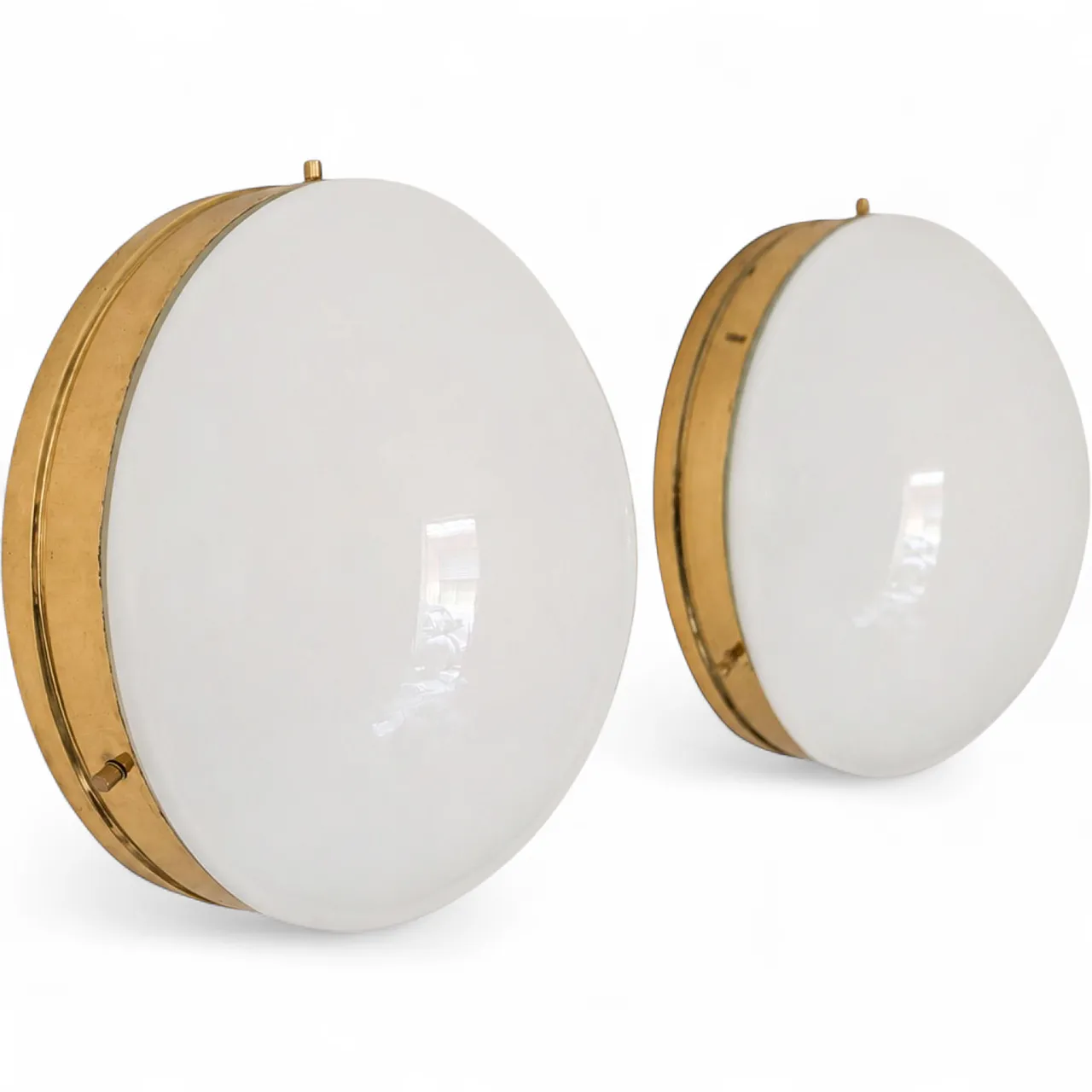 Pair of Stilnovo style opaline glass and brass wall lamps, 70s 11
