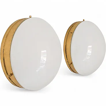 Pair of Stilnovo style opaline glass and brass wall lamps, 70s