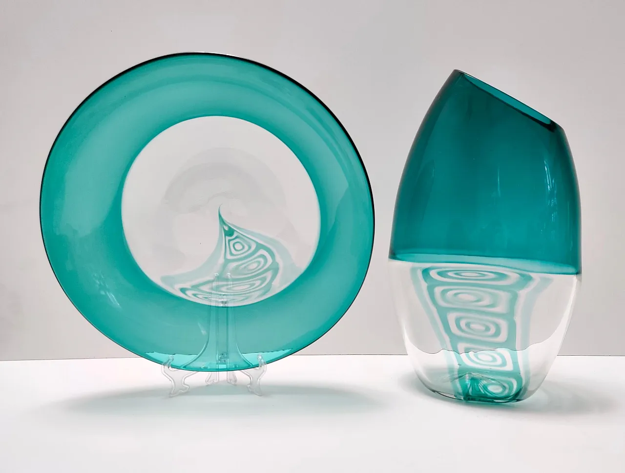 Teal and transparent Murano glass plate by La Murrina, 1970s 2
