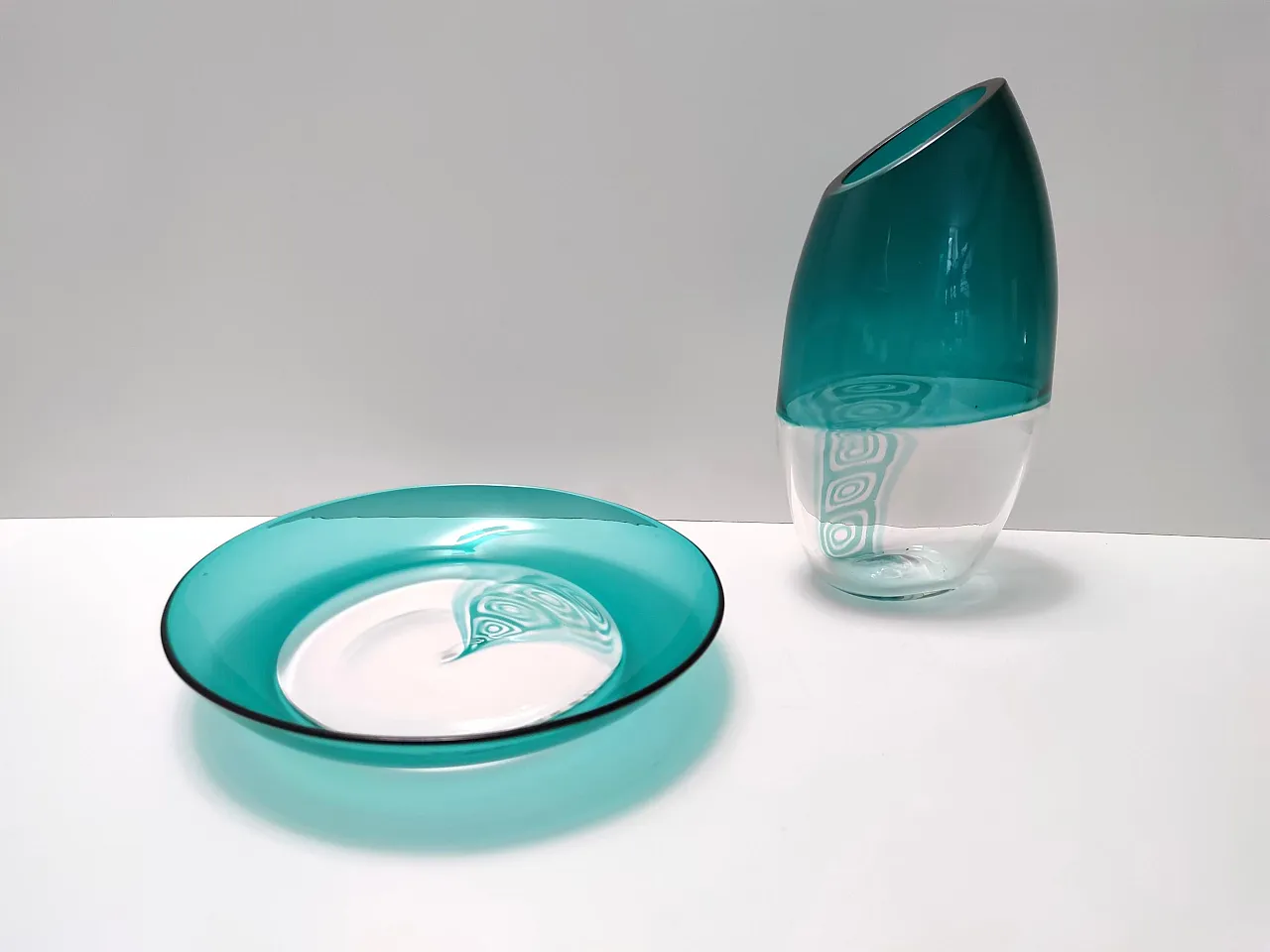Teal and transparent Murano glass plate by La Murrina, 1970s 3