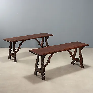 Pair of walnut benches, 20th century
