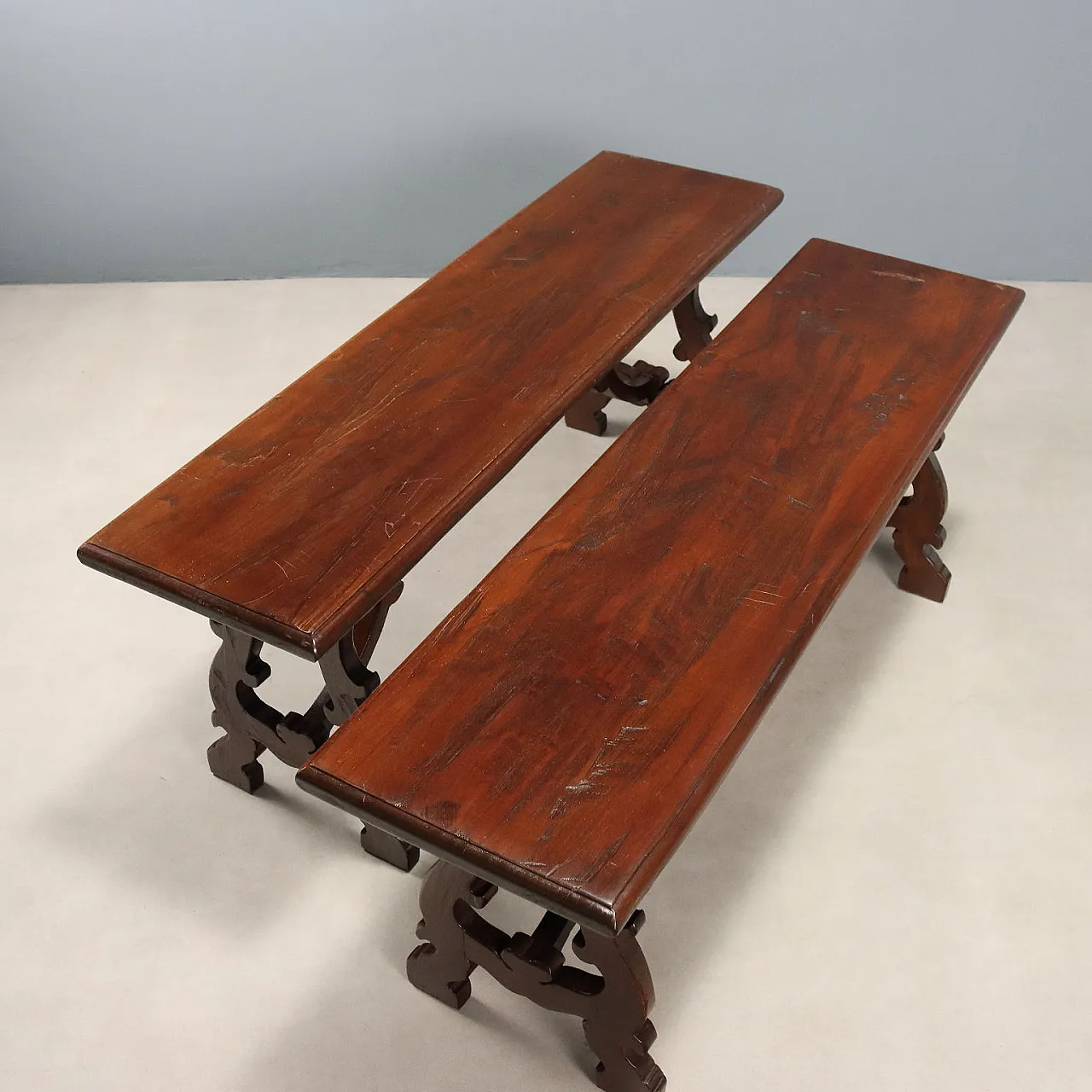 Pair of walnut benches, 20th century 4