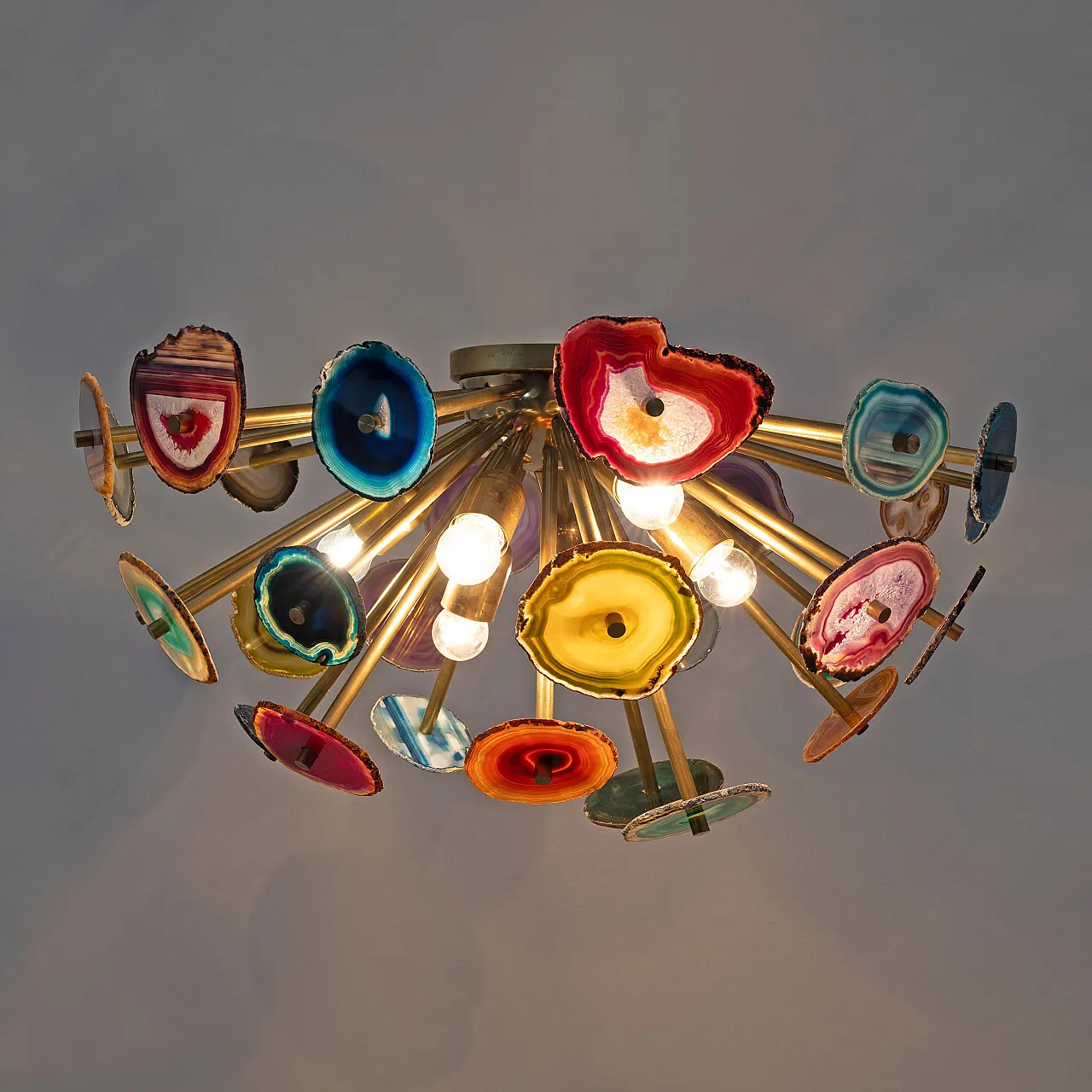 Sputnik ceiling lamp with Agate stone sections and brass, 20th century 3