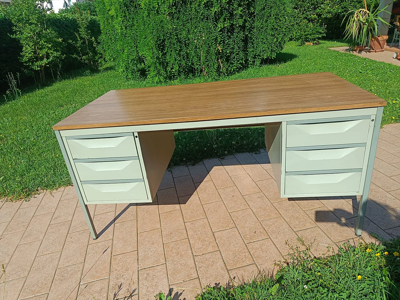 Industrial desk 6 drawers, metal and wood, 1960s 3
