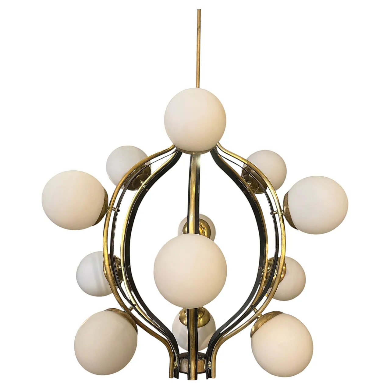 Mid-Century Modern brass and white glass chandelier by Stilnovo, 1950s 1