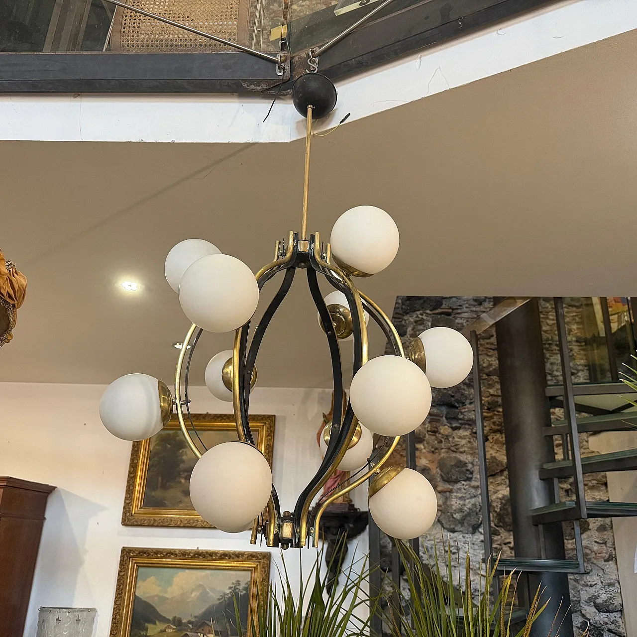 Mid-Century Modern brass and white glass chandelier by Stilnovo, 1950s 2